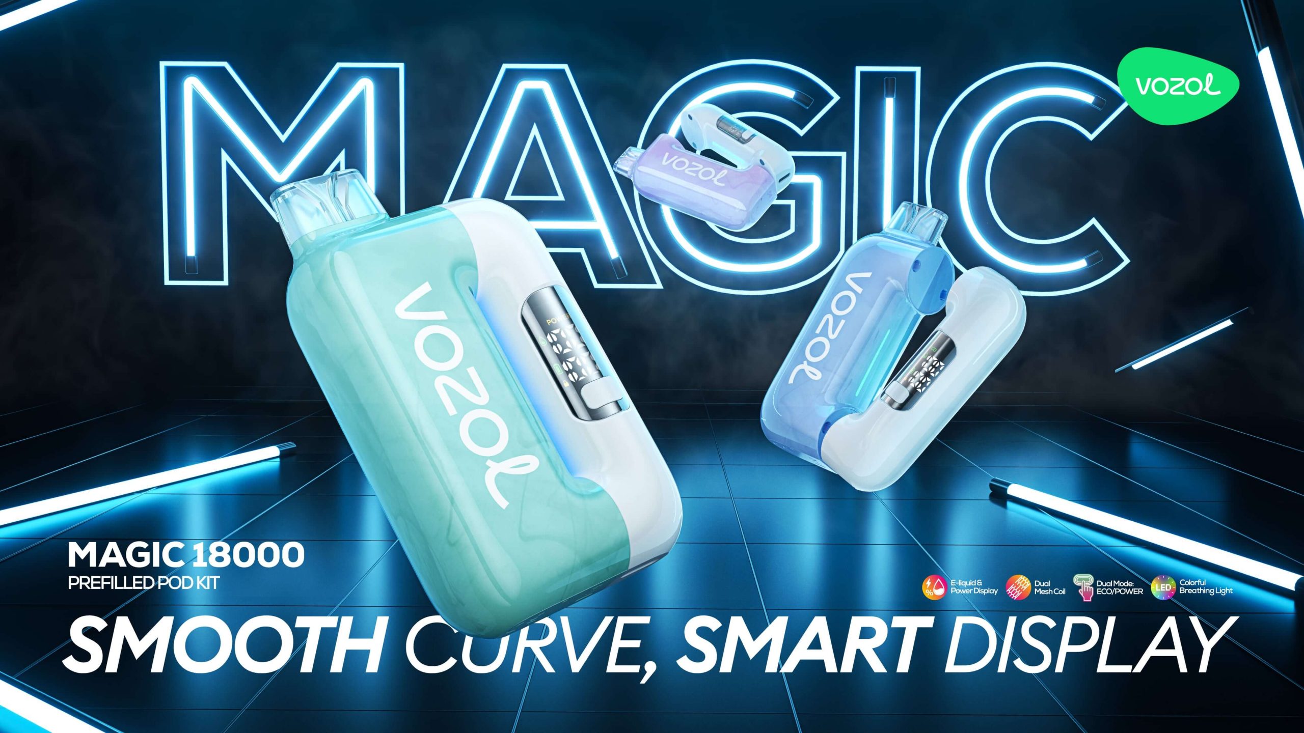 Vozol magic 18000 pod vape kit with dual mesh coil and curved design
